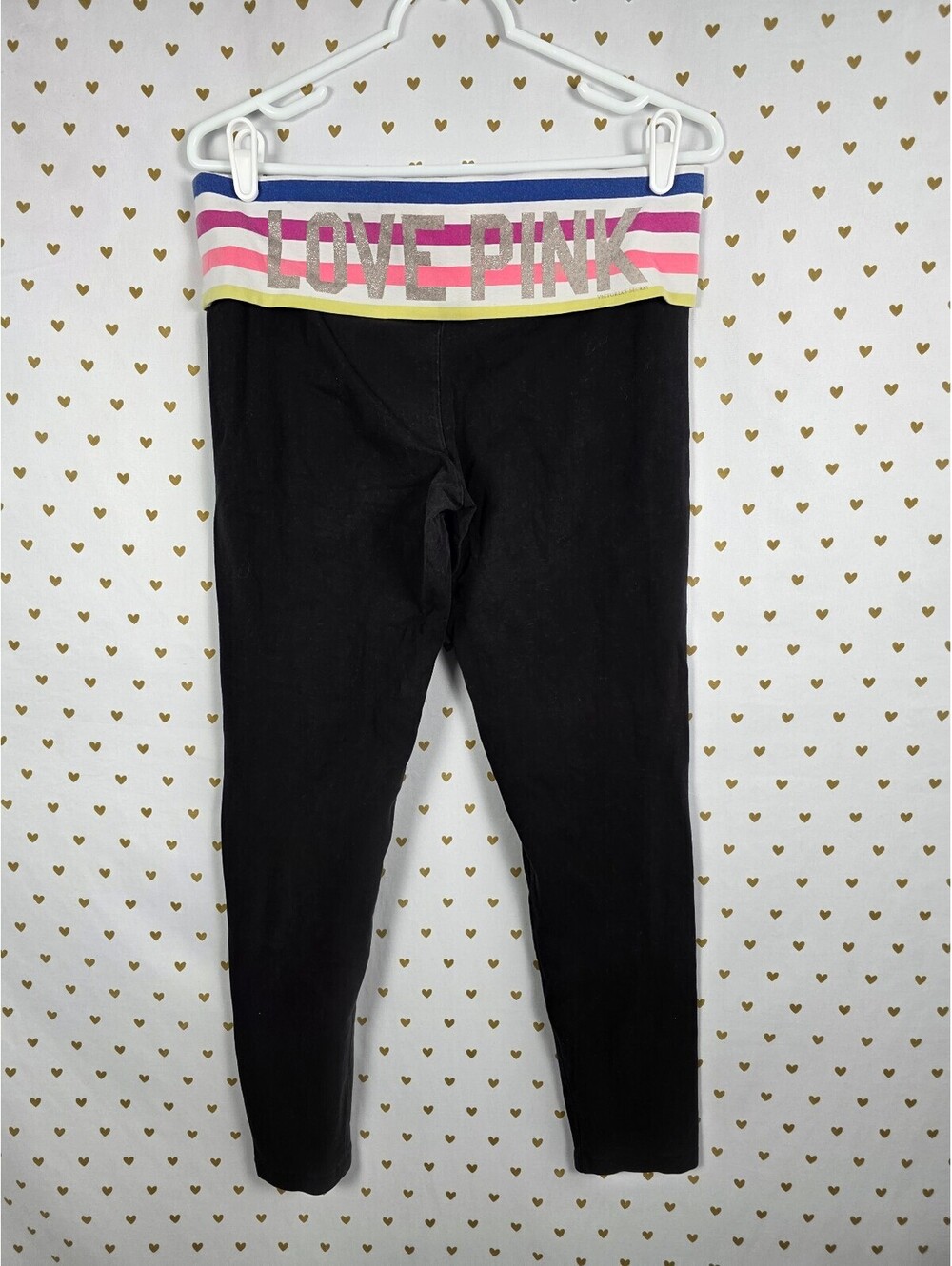 Victorias Secret PINK Rainbow Stripe LOVE Foldover Yoga Pants Skinny Large